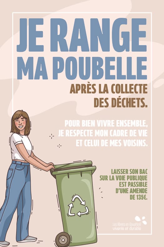 Il est très important pour des raisons sanitaires évidentes, d'esthétisme et de sécurité aussi et esthétiques de ne pas laisser vos sacs poubelles ou vos containers sur la voie publique en dehors des jours de ramassage.
Il faut les sortir la veille et les rentrer le jour même.
Merci de votre compréhension.